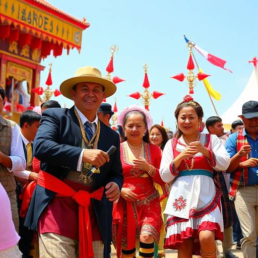 Immagine di un festival culturale internazionale, con persone che indossano abiti tradizionali